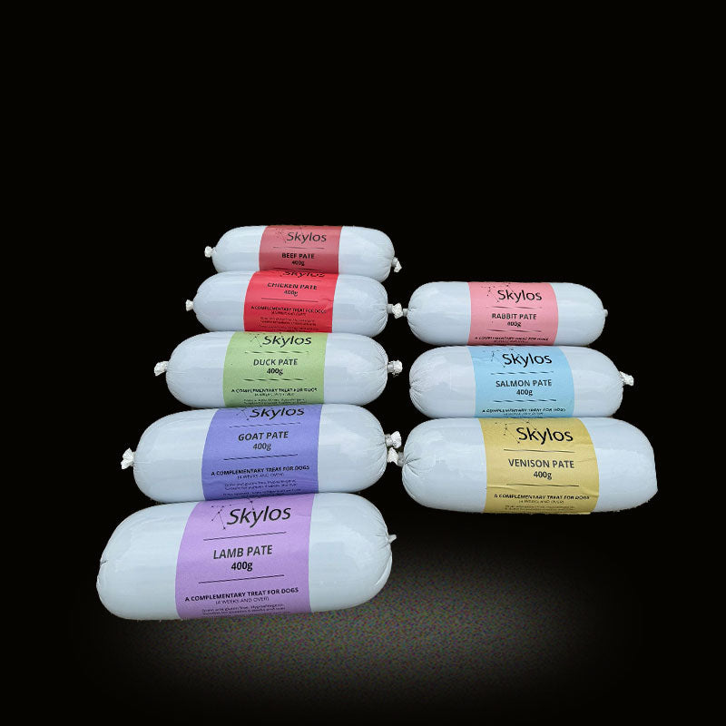 Skylos Pate in 8 Flavours and 2 Sizes, by the box.