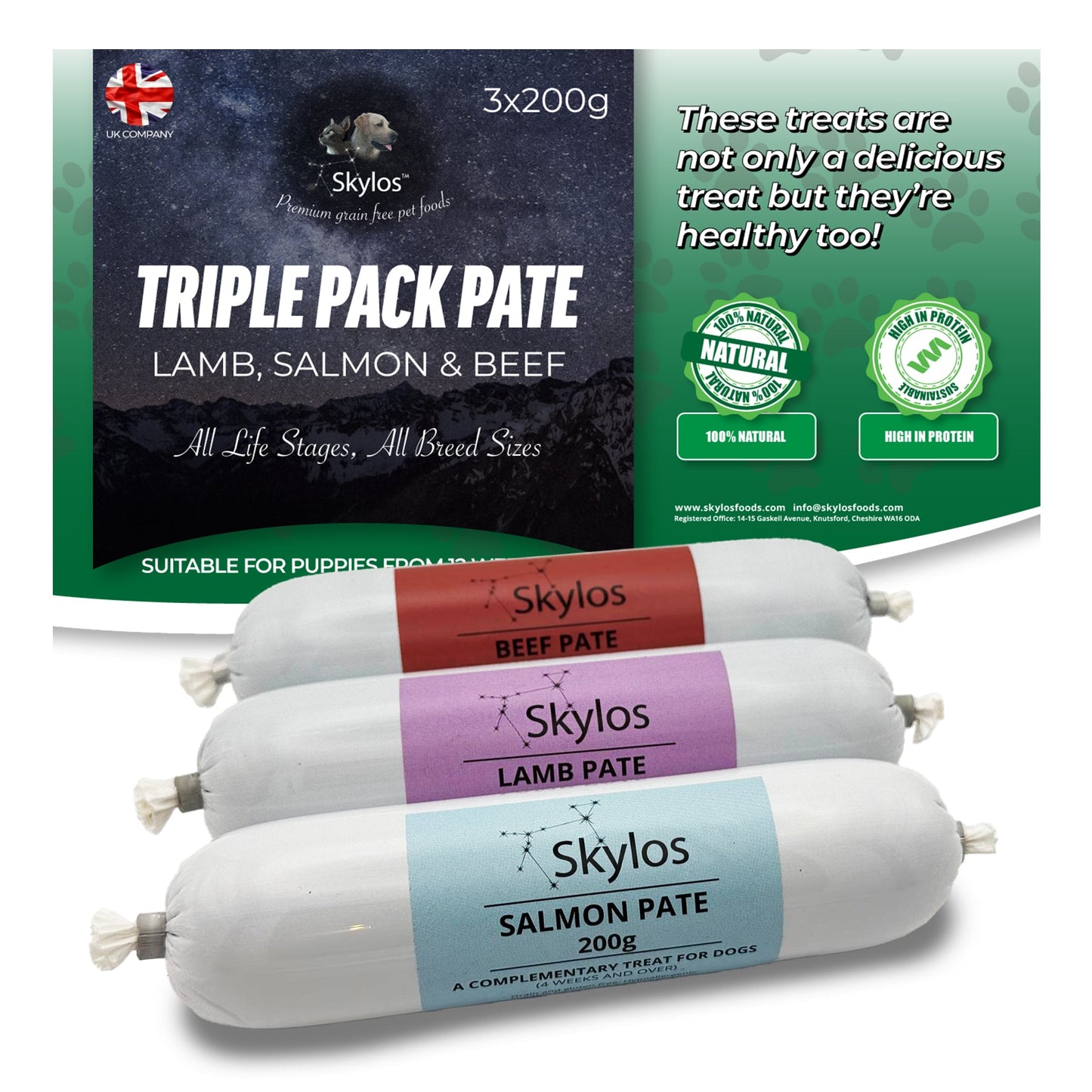 Skylos Pate in 8 Flavours and 2 Sizes, by the box.