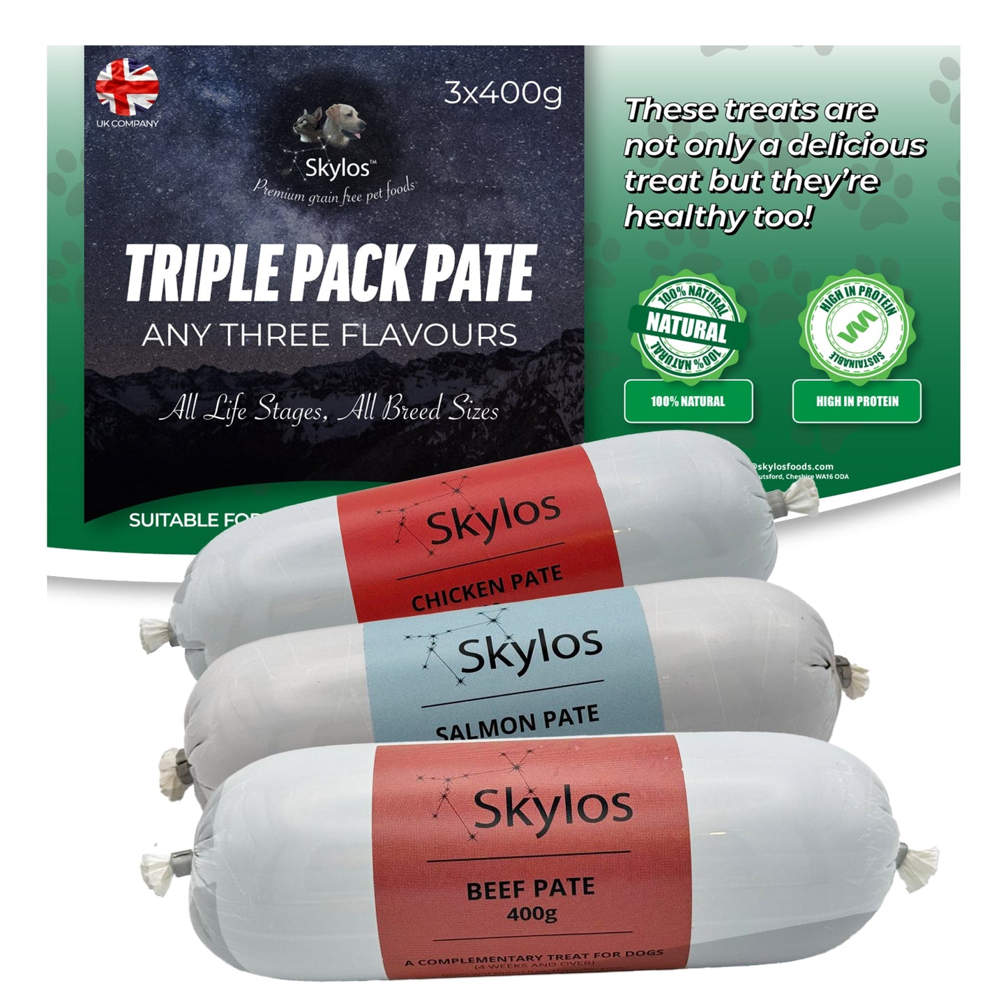 Skylos Pate in 8 Flavours and 2 Sizes, by the box.
