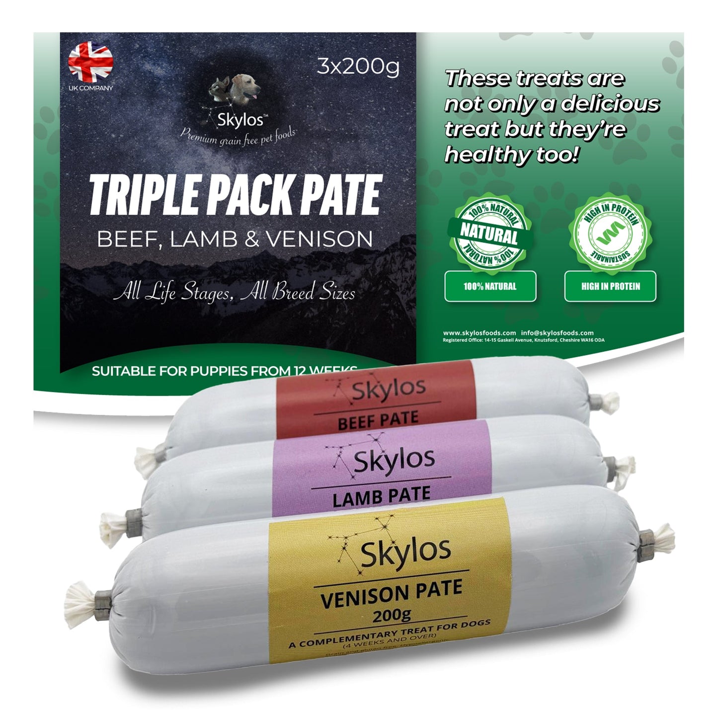 Skylos Pate in 8 Flavours and 2 Sizes, by the box.
