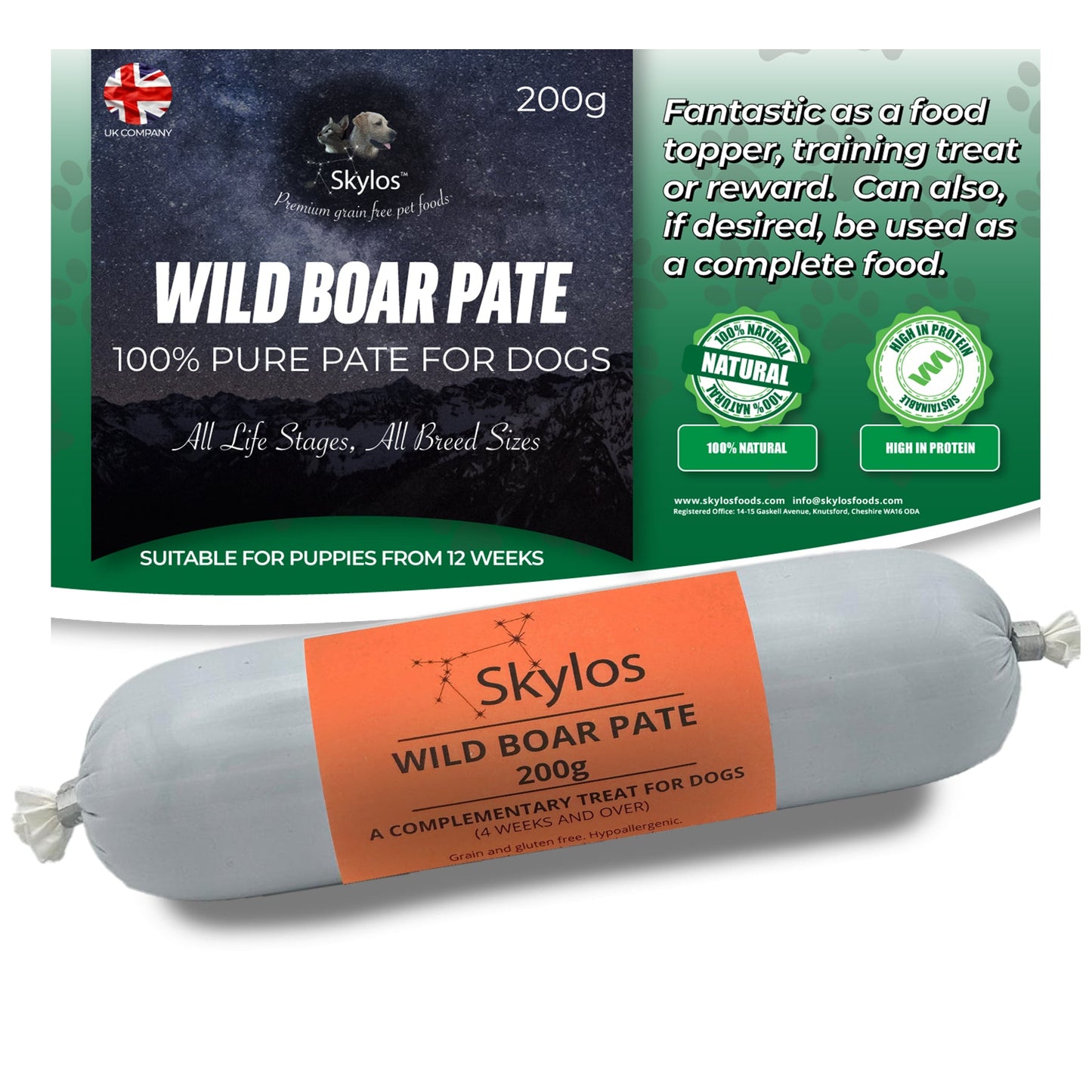 Skylos Pate in 8 Flavours and 2 Sizes, by the box.