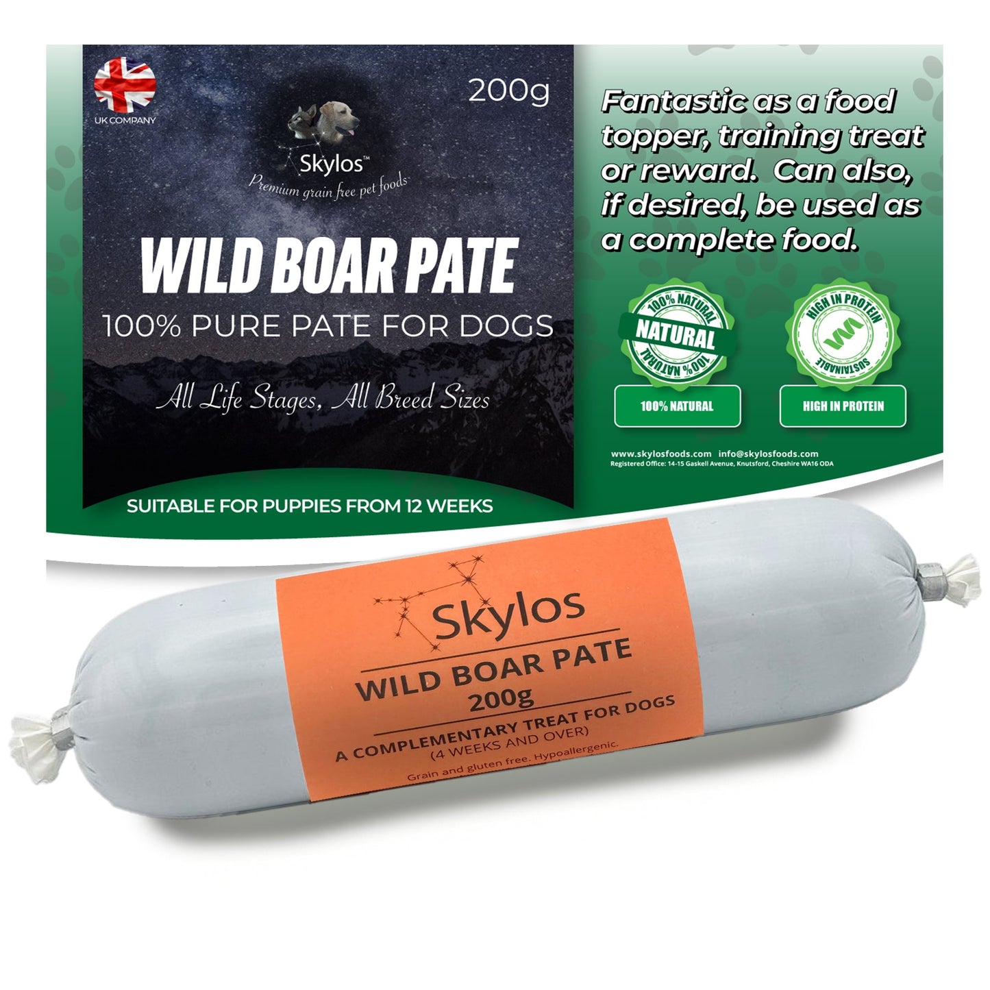 Skylos Pate in 8 Flavours and 2 Sizes, by the box.