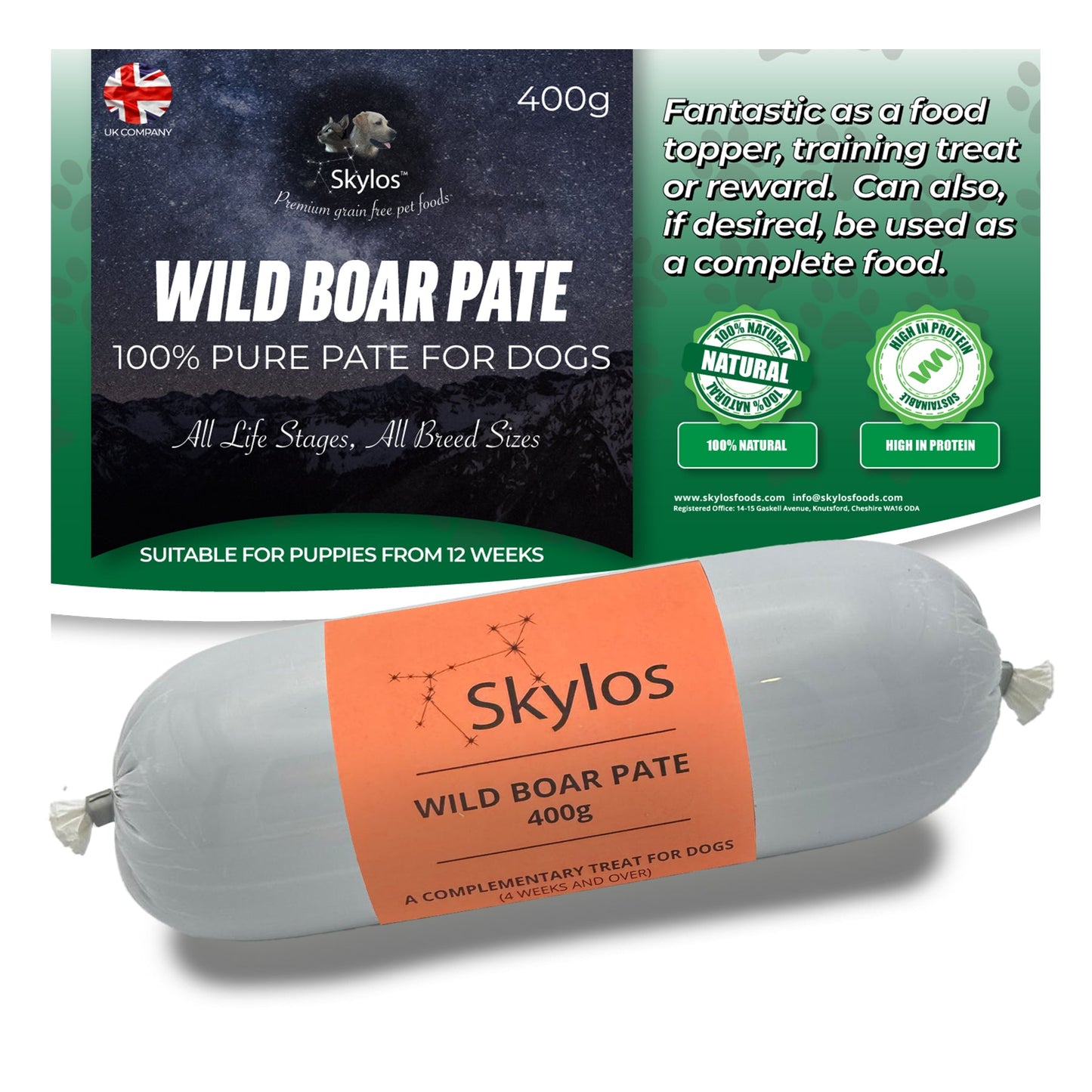 Skylos Pate in 8 Flavours and 2 Sizes, by the box.