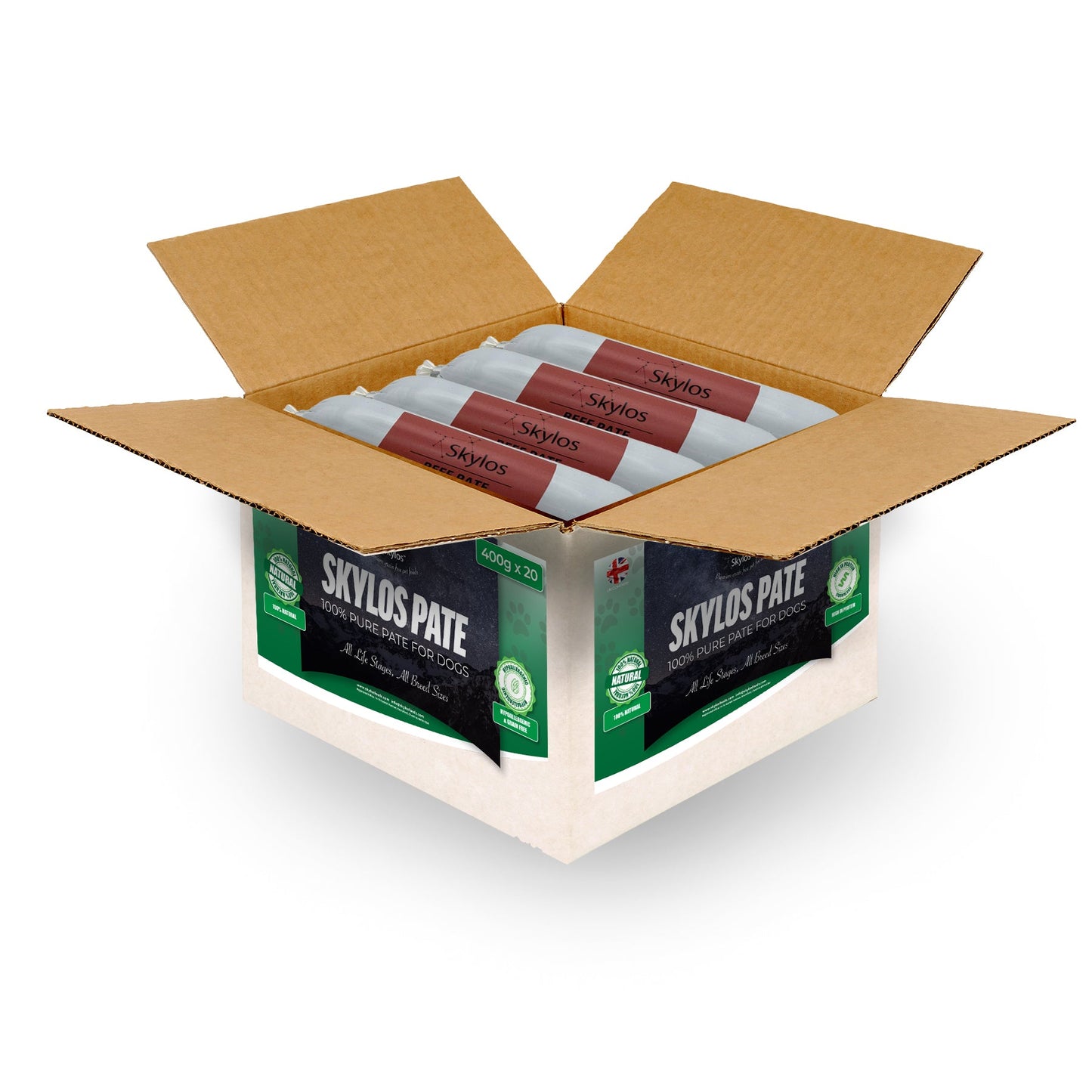 Skylos Pate in 8 Flavours and 2 Sizes, by the box.